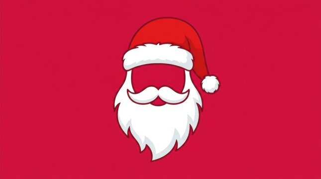 A minimalist cartoon illustration featuring the iconic white beard and mustache of Santa Claus wearing his classic red hat against a solid red background