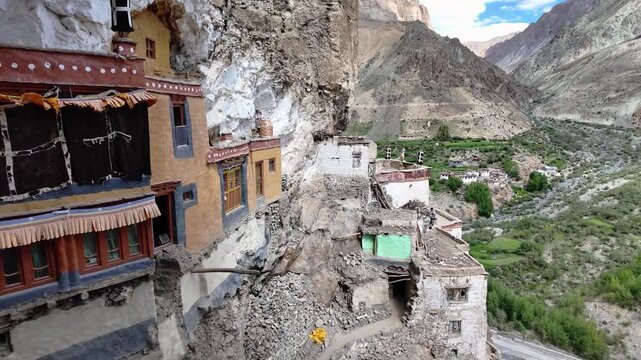 Zanskar, India : Panoramic footage of beautiful landscape of Lungnak valley where Phuktal gompa, cliffside monastery built in natural cave of Zanskar in Ladakh, India surrounded by arid mountain on su