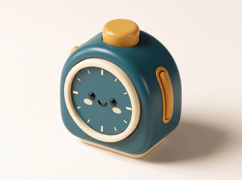 Cute 3D Rendered Alarm Clock with Happy Face, Minimalist Design, and Soft Colors