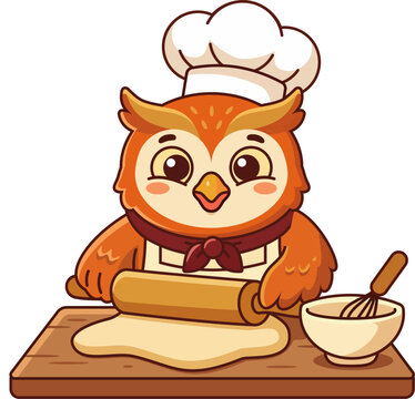 Cute owl chef rolling dough on a wooden board with a whisk. Vector cartoon mascot illustration for bakery, cafe, cooking, and culinary designs.