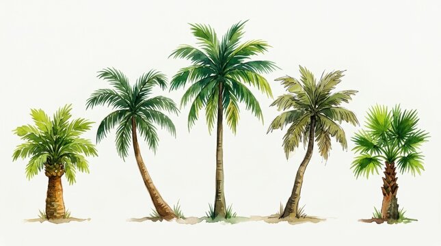 A collection of five distinct watercolor palm trees with varied fronds and trunks displayed on a clean white background