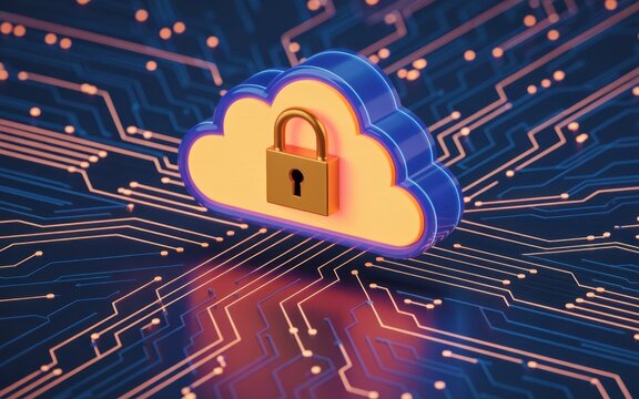 3d cloud computing with golden padlock symbol floating above glowing blue circuit board representing data security and cloud storage protection technology concept