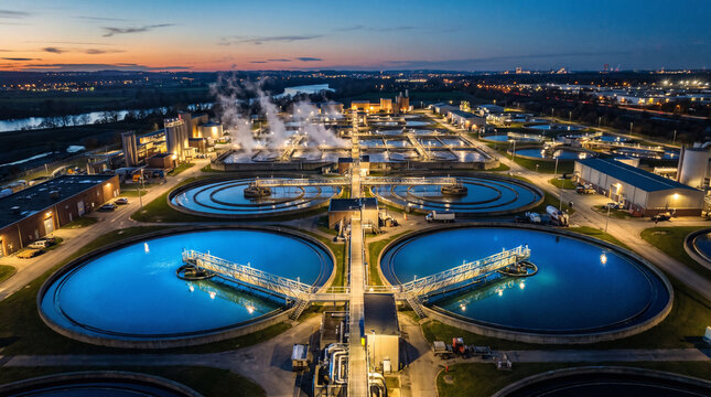 Cinematic drone angle of a wastewater management facility at twilight. Illuminated walkways and glowing blue settling tanks highlight the advanced ecological technology.