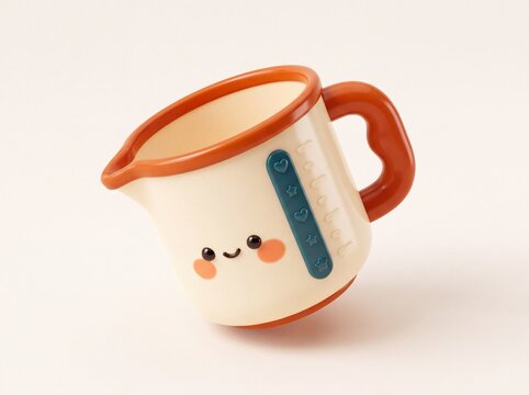 A measuring cup with cute face and colorful accents.