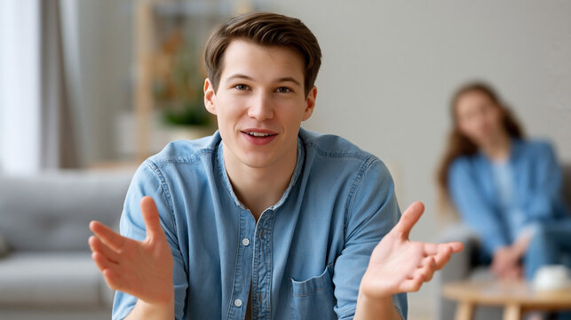Young man talking and gesturing enthusiastically in casual conversation at home, yapping, communication and expressive storytelling concept