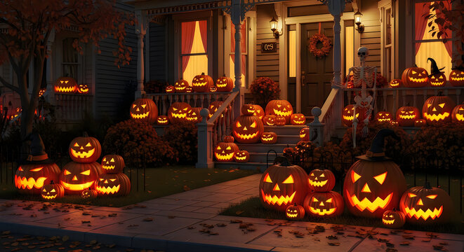 Festive halloween scene with illuminated jackolanterns and skeleton decorations on a porch