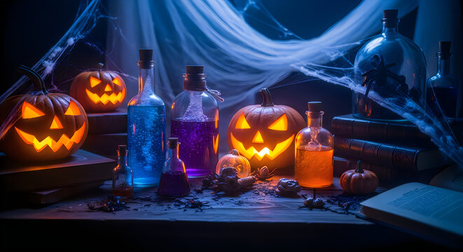Halloween potion bottles and carved pumpkins illuminated in a spooky dark setting