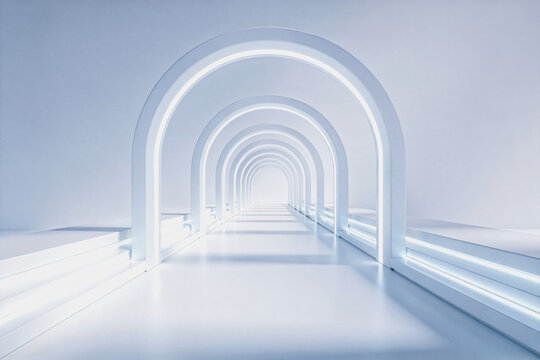 A symmetrical futuristic white arch tunnel with neon lighting receding into the distance, featuring clean modern architectural design.