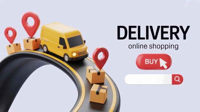 3d render of a yellow delivery van on a curved road with cardboard boxes and red map pins for online shopping logistics and order tracking concept on light background