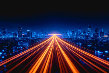 Obraz premium Long exposure light trails stretch toward a glowing modern city skyline at night, representing urban technology and speed.