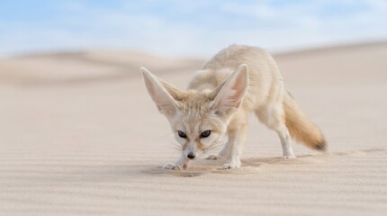 Naklejka premium Desert Fox Curiosity: A fennec fox, with its oversized ears and sandy fur, cautiously explores the vast, undulating sand dunes under a clear blue sky.