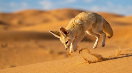 Naklejka premium Fennec Fox in Desert Dune: A fennec fox with its distinctive large ears leaps gracefully over a desert dune, kicking up sand as it moves. The arid landscape is bathed in the warm light of the sun.