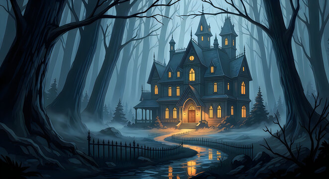 Mysterious haunted castle in a dark forest with fog and glowing windows illustration