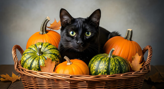 Black cat with pumpkins and autumn leaves in a woven basket for halloween