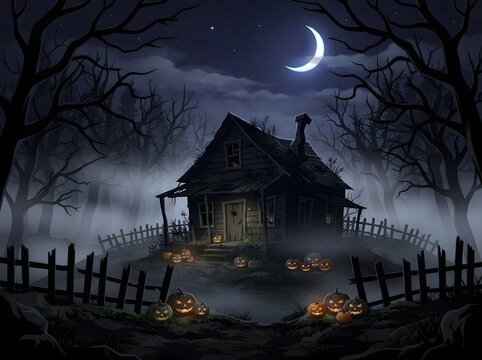 Spooky pixel art house with a crescent moon in a dark night forest setting