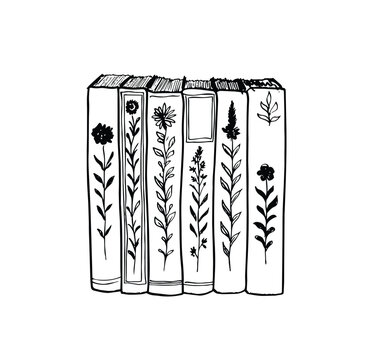 Hand drawn doodle floral books stack, cute botanical book spines line art vector illustration for bookmarks, reading journals, library posters, bookstore logos, shopper bags and flyers.