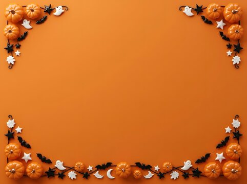 Festive halloween border frame with orange pumpkins ghosts and stars on orange background