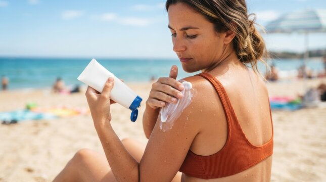 Young woman applying sunscreen on shoulder at beach for sun protection and skincare.