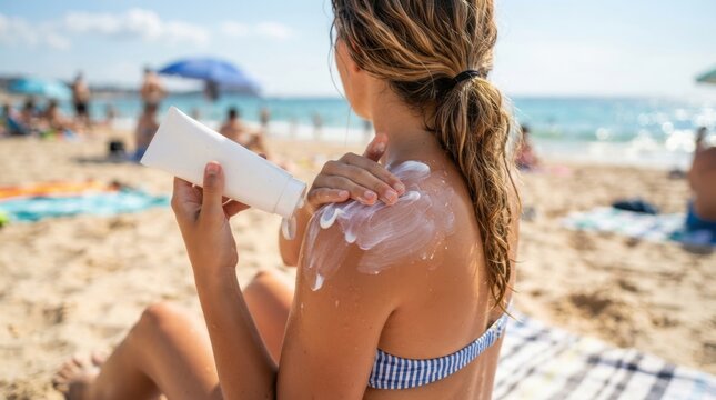 Woman applying sunscreen on shoulder at sunny beach for skin protection and summer skincare