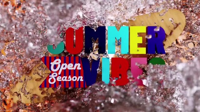 A dynamic and refreshing 3D animation with a summer theme featuring colorful 3D text "SUMMER VIBES" and an "Open Season" label. With realistic water splash effects and a surfboard in the background,