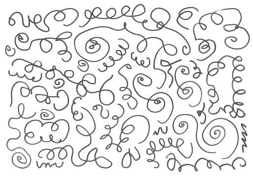 Grunge scribble shapes, spiral, circle, ellipse, lines, black marker isolated on white background, design element