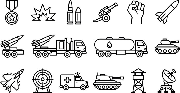 Military and army line icons set featuring weapons tanks missiles vehicles and defense equipment