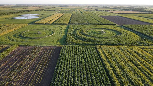 Aerial view of agricultural fields with circular patterns during sunrise with soft light