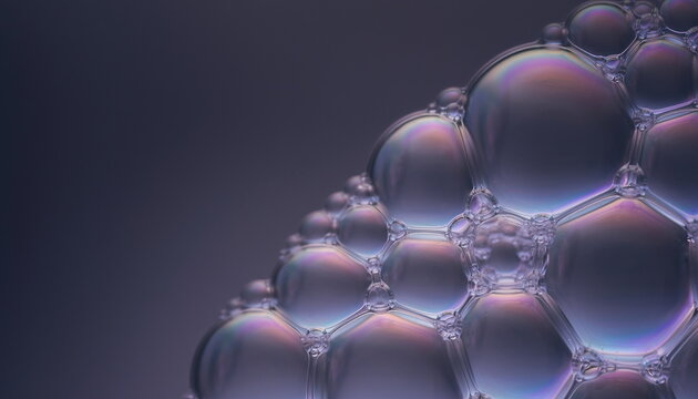 虹色に輝く泡の集合体とダーク背景