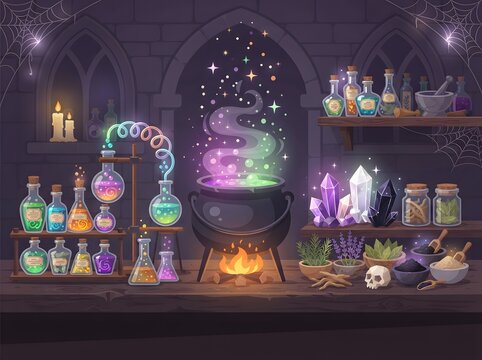 Pixel art witch laboratory with magical potions and glowing cauldron in a dark room