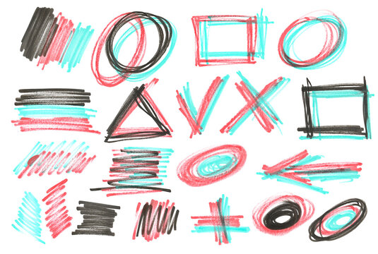 Set grunge scribble circle, square, triangle, lines, hand drawn red and black marker isolated on white background, clipping, design element