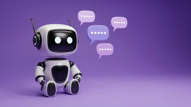 A cute white robotic character sitting on a solid purple background, with floating speech, bubbles containing dots, representing digital communication, and artificial intelligence chat