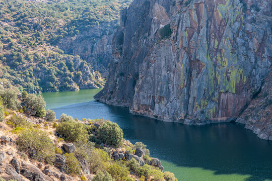 Duero River and vertical rock walls of the Arribes del Duero, Miranda do Douro, Portugal. Arribes del Duero Natural Park.