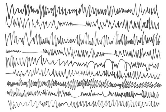 Grunge scribble long lines showing oscillations, black marker isolated on white background, design element