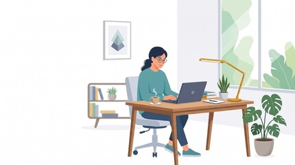 Fototapeta premium Remote Work Home Office Flat Vector Illustration