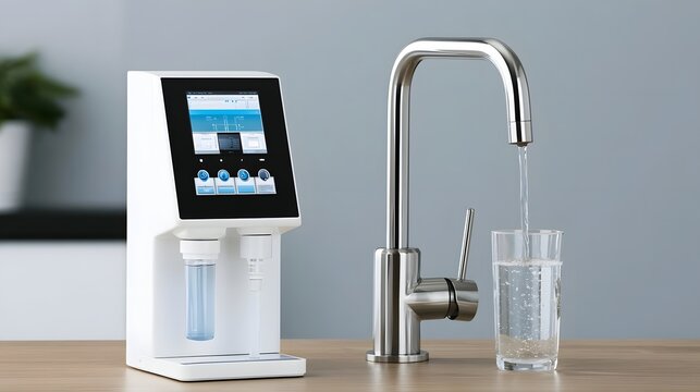Modern water filt n system with digital display and faucet pouring clear water into a glass on a wooden countertop