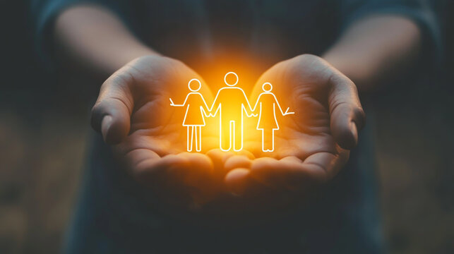 Person holding glowing family couple and child icon in cupped hands for protection with care insurance family welfare human hands light effect