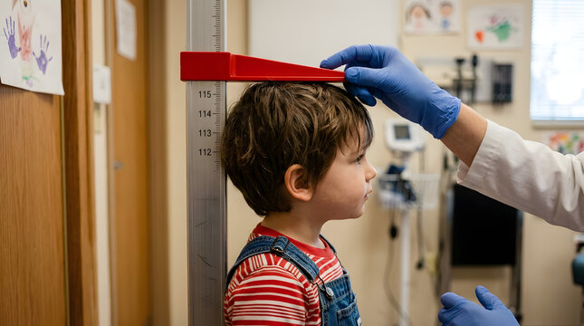 Young boy getting his height measured by a doctor during a medical checkup.