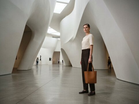 Elegant woman with leather bag standing in modern museum gallery.