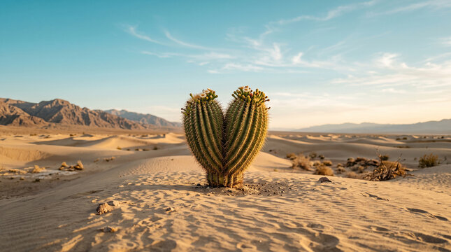 Unique heart shaped green barrel cactus with golden spines growing on rocky desert hilltop at golden hour sunset, vast arid mountain valley landscape in background with warm sunlight, 
