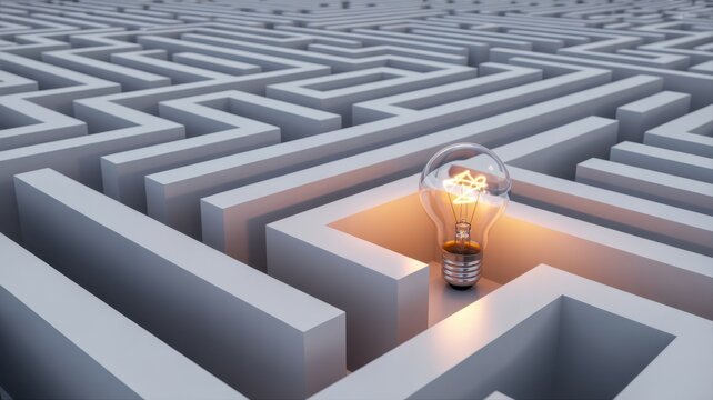 A glowing light bulb sitting in the center of a complex white maze representing problem solving and finding a creative solution to a difficult business challenge concept
