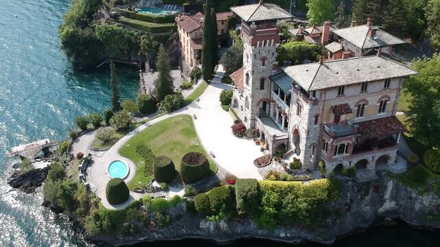 Lake Como, Italy, drone panorama of Villa La Gaeta, landscaped grounds and turquoise water