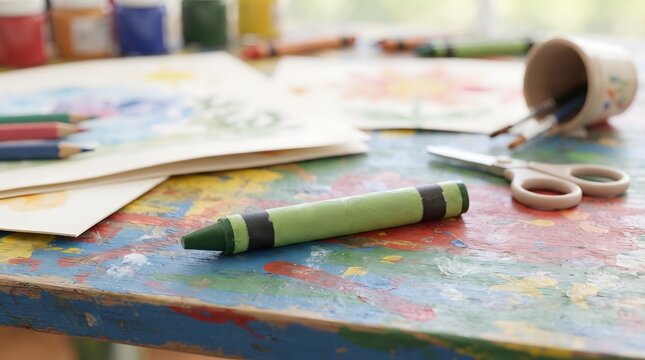 A colorful green crayon resting on a messy art table with paper and craft supplies nearby