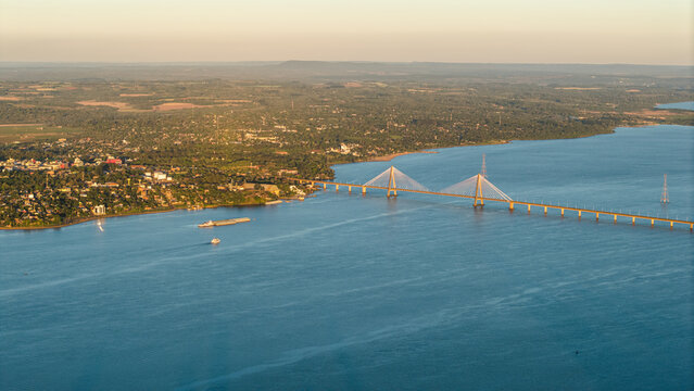 Aerial view of the International Bridge San Roque Gonzalez of Santa Cruz spanning the Parana River in Posadas, Misiones Province, Argentina.