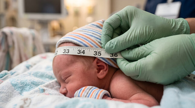 Newborn babys head circumference being measured by a medical professional.
