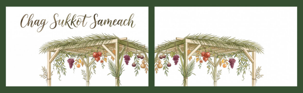 Sukkot greeting card with festive decorated sukkahs, text and no text, white background, watercolor style, copy space