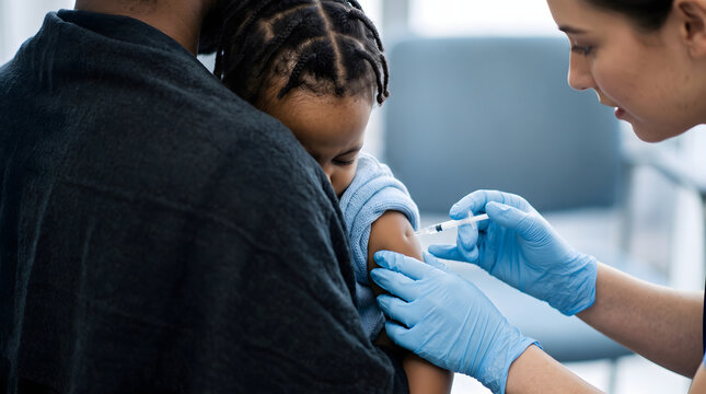 Nurse administering vaccine to a child held by a parent closeup shot.