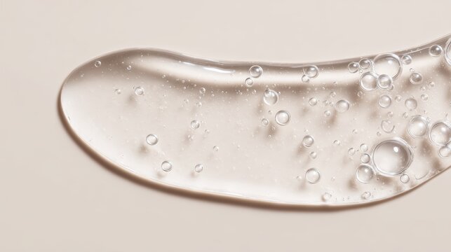 Transparent gel texture with air bubbles on beige background for skincare and beauty