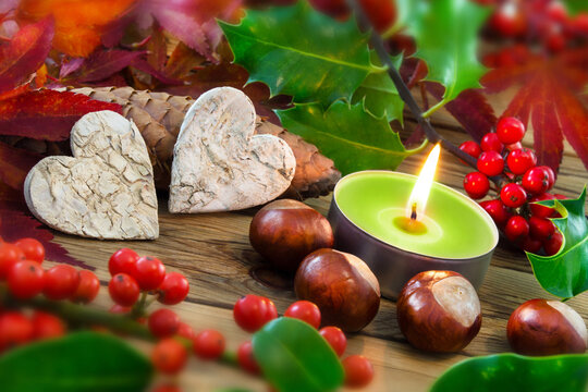 Natural  Autumn decoration and burning candle