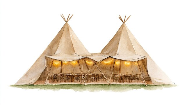 Watercolor illustration of a double peak event tipi on white background, two linked conical canvas tents with wooden poles, open front flaps revealing long wooden tables chairs and warm string lights,