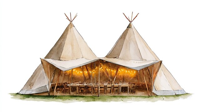 Watercolor illustration of a double peak event tipi on white background, two linked conical canvas tents with wooden poles, open front flaps revealing long wooden tables chairs and warm string lights,